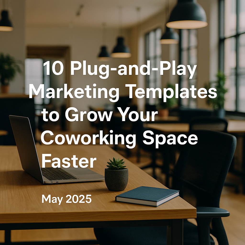 Coworking desk with a laptop, plant, and notebook in a sunlit shared office, overlaid with the blog title "10 Plug-and-Play Marketing Templates to Grow Your Coworking Space Faster – May 2025"
