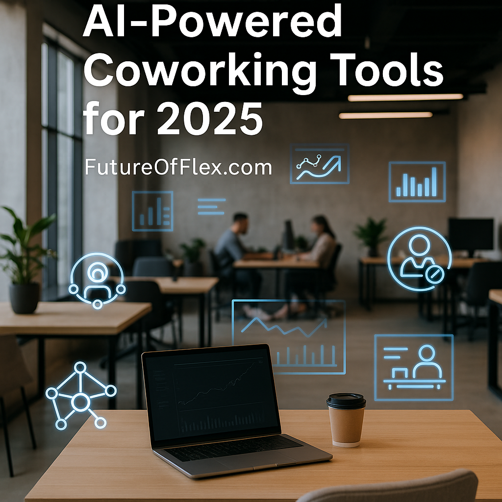 Modern coworking space with tech-inspired digital overlays and text that reads “AI-Powered Coworking Tools for 2025 – FutureOfFlex.com”