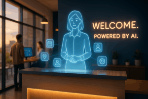 Holographic AI receptionist at a coworking front desk with glowing icons and “Welcome. Powered by AI.” neon sign in the background