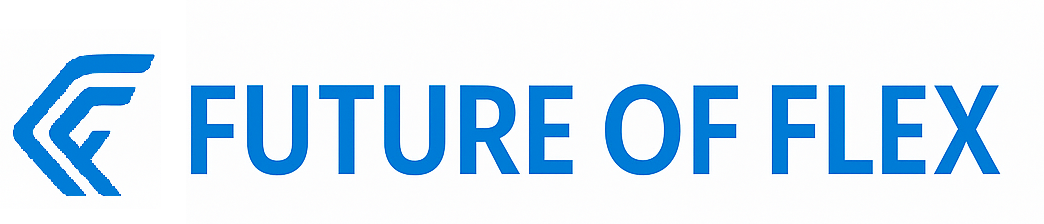 Future of Flex logo with bold blue text and abstract lettermark icon representing innovation in coworking and flexible workspaces.