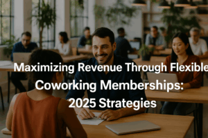 Coworking professionals collaborating in a modern shared workspace with overlaid text reading “Maximizing Revenue Through Flexible Coworking Memberships: 2025 Strategies