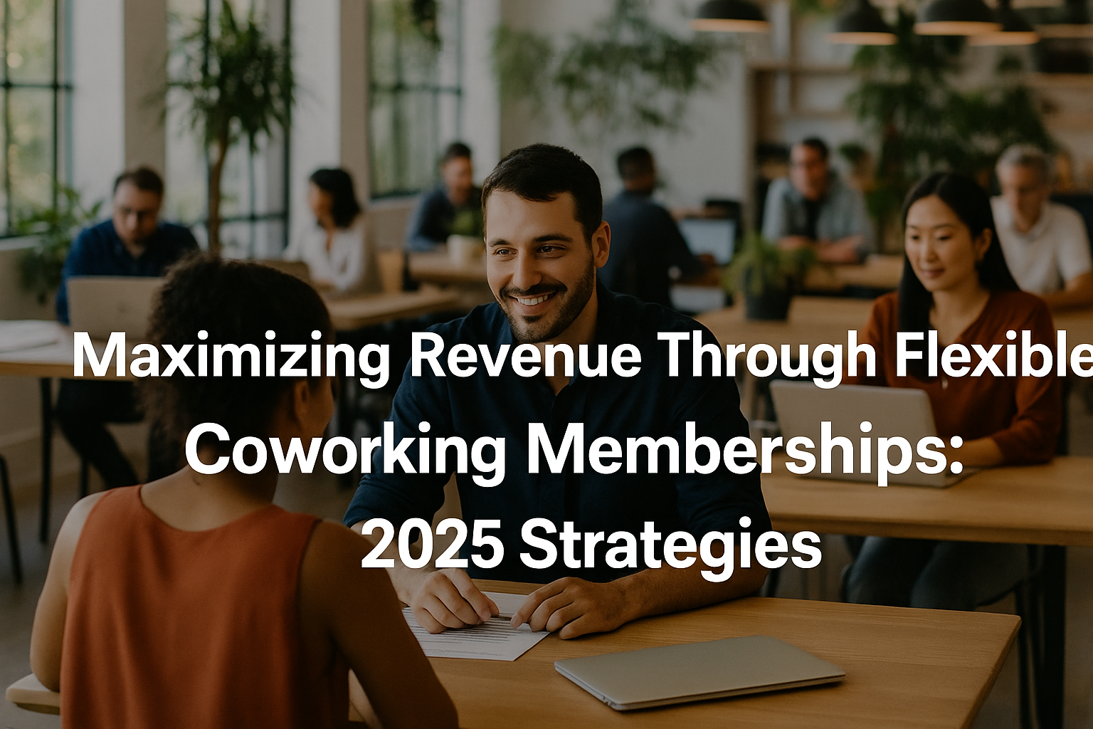 Coworking professionals collaborating in a modern shared workspace with overlaid text reading “Maximizing Revenue Through Flexible Coworking Memberships: 2025 Strategies