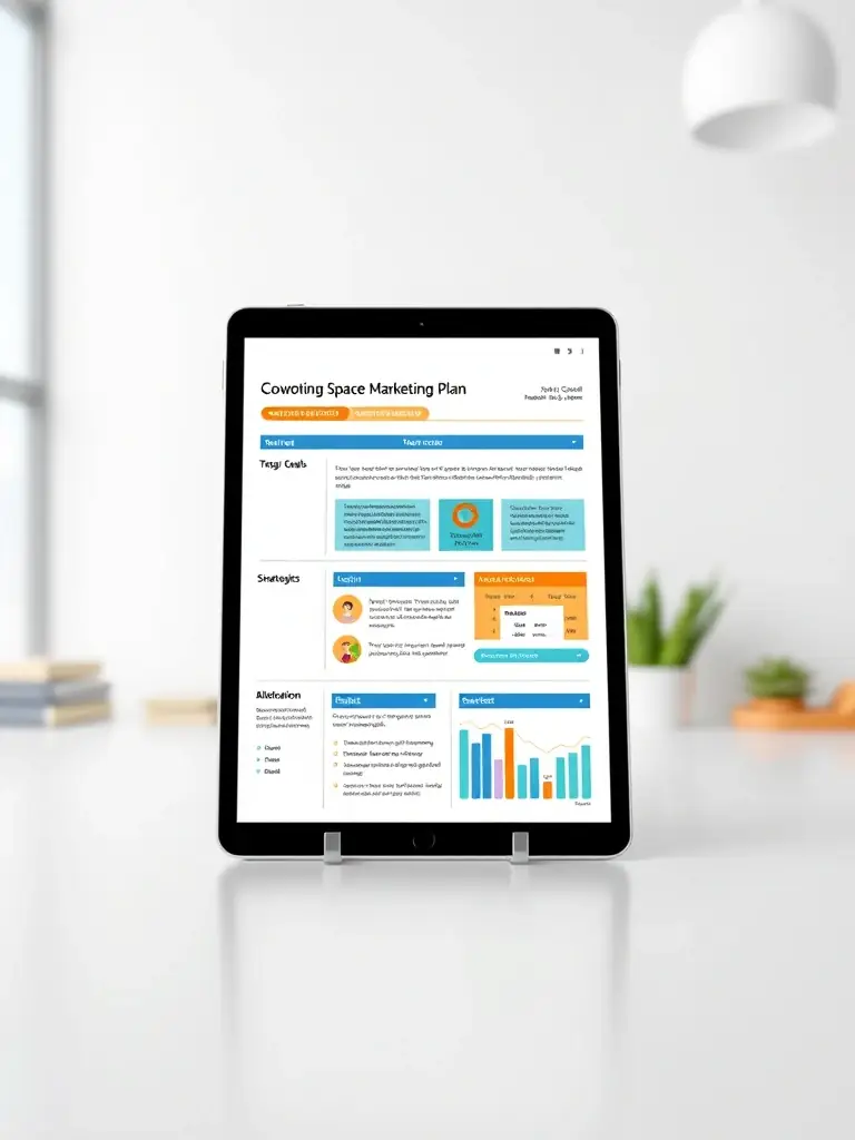 A professionally designed, fillable PDF template for a coworking space marketing plan, featuring sections for target audience, marketing goals, strategies, and budget allocation, suitable for download and immediate use.