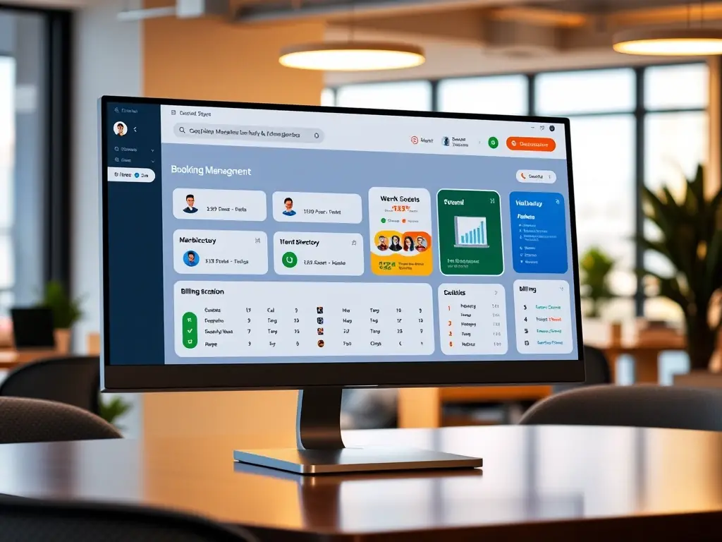 A screenshot of a coworking space management software dashboard, showcasing features like booking management, member directory, and billing.