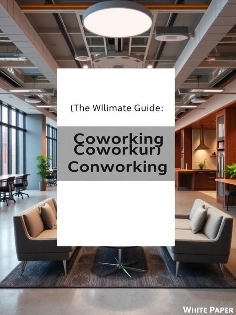 A professional-looking white paper cover titled "The Ultimate Guide to Coworking Space Design" with a modern coworking space interior in the background.