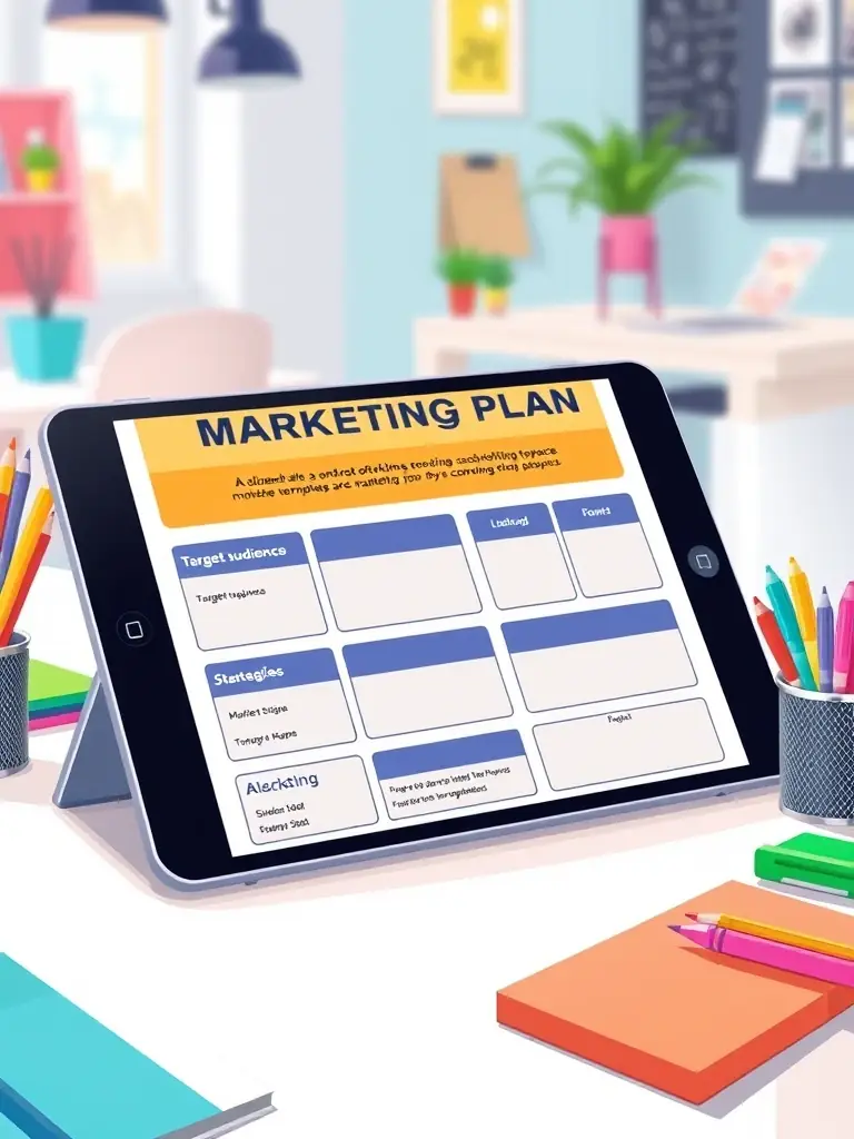 A professionally designed, downloadable template for a coworking space marketing plan, featuring sections for target audience, marketing goals, strategies, and budget allocation, suitable for a blog post about marketing resources.