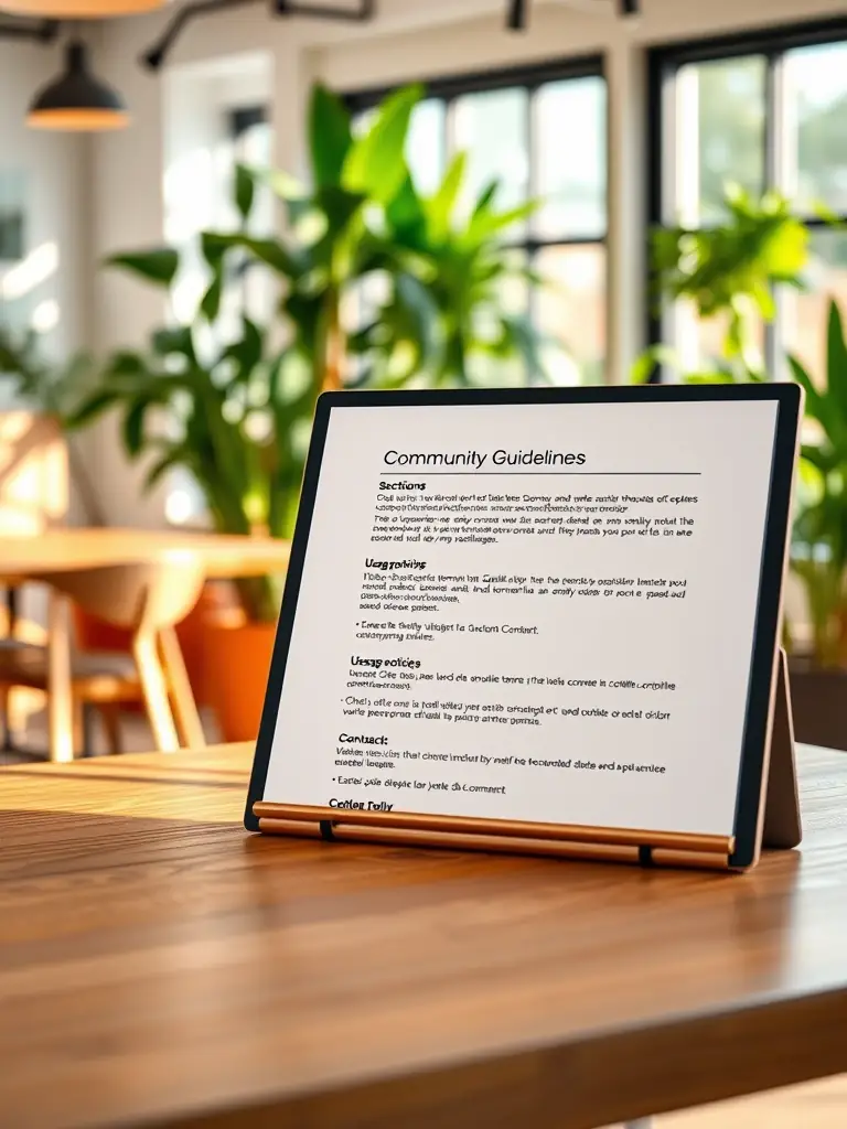 A Word document template for creating a coworking space member handbook, outlining community guidelines, usage policies, and contact information, designed for easy customization.