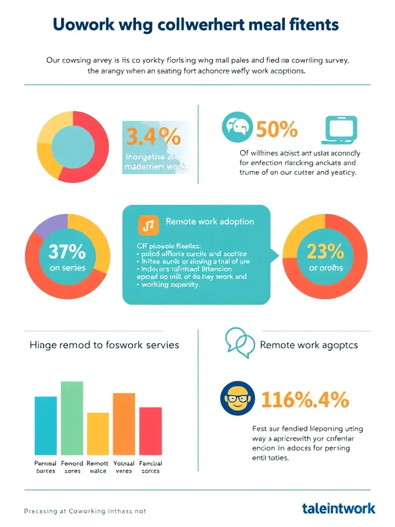 An infographic summarizing key statistics from a recent survey on coworking trends, with a focus on remote work adoption.