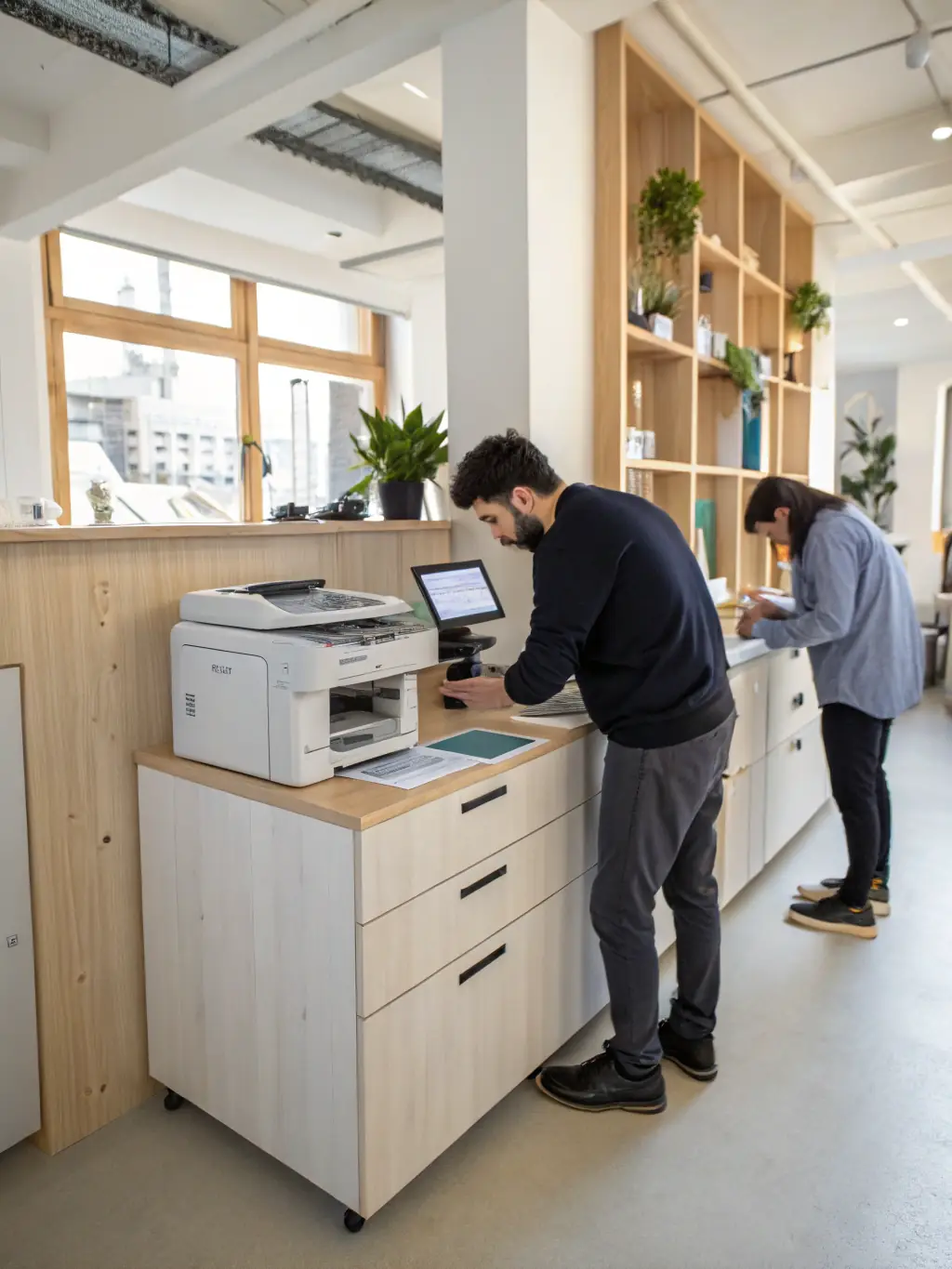 An image of a modern printer and scanner in a coworking space, highlighting the availability of essential office equipment.