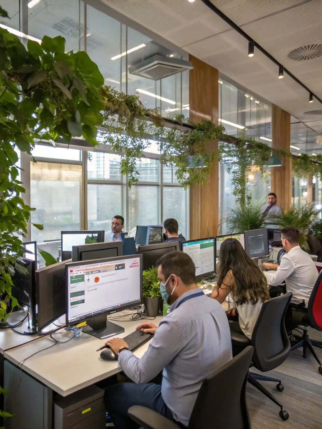 A brightly lit coworking space with people working at desks, collaborating, and using laptops, showcasing a modern and productive environment.