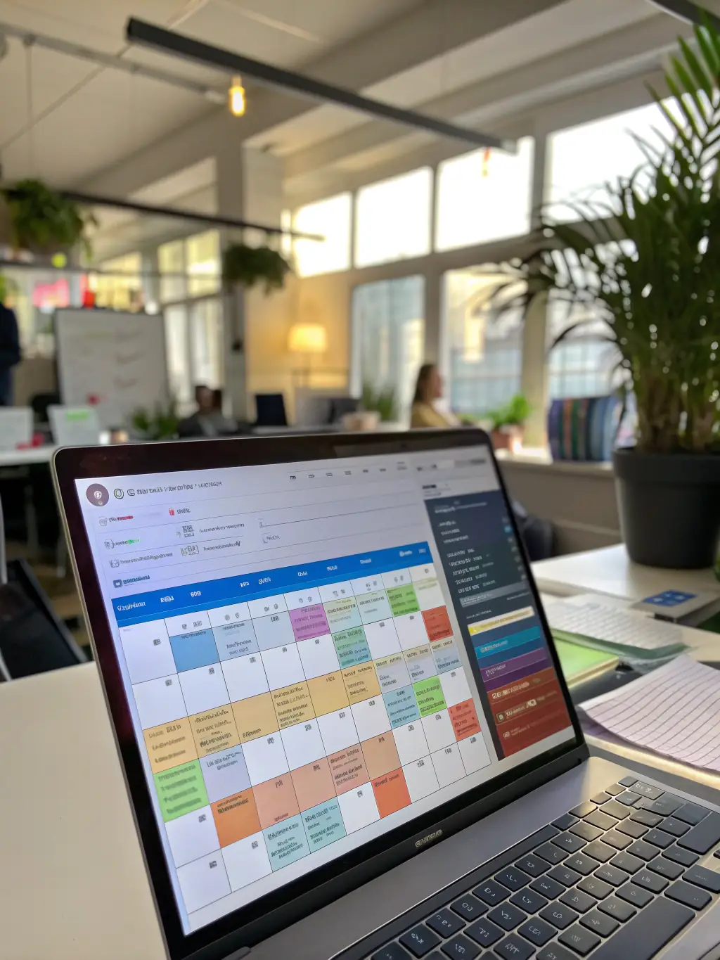 A digital calendar interface showing bookings and availability for meeting rooms and desks in a coworking space.