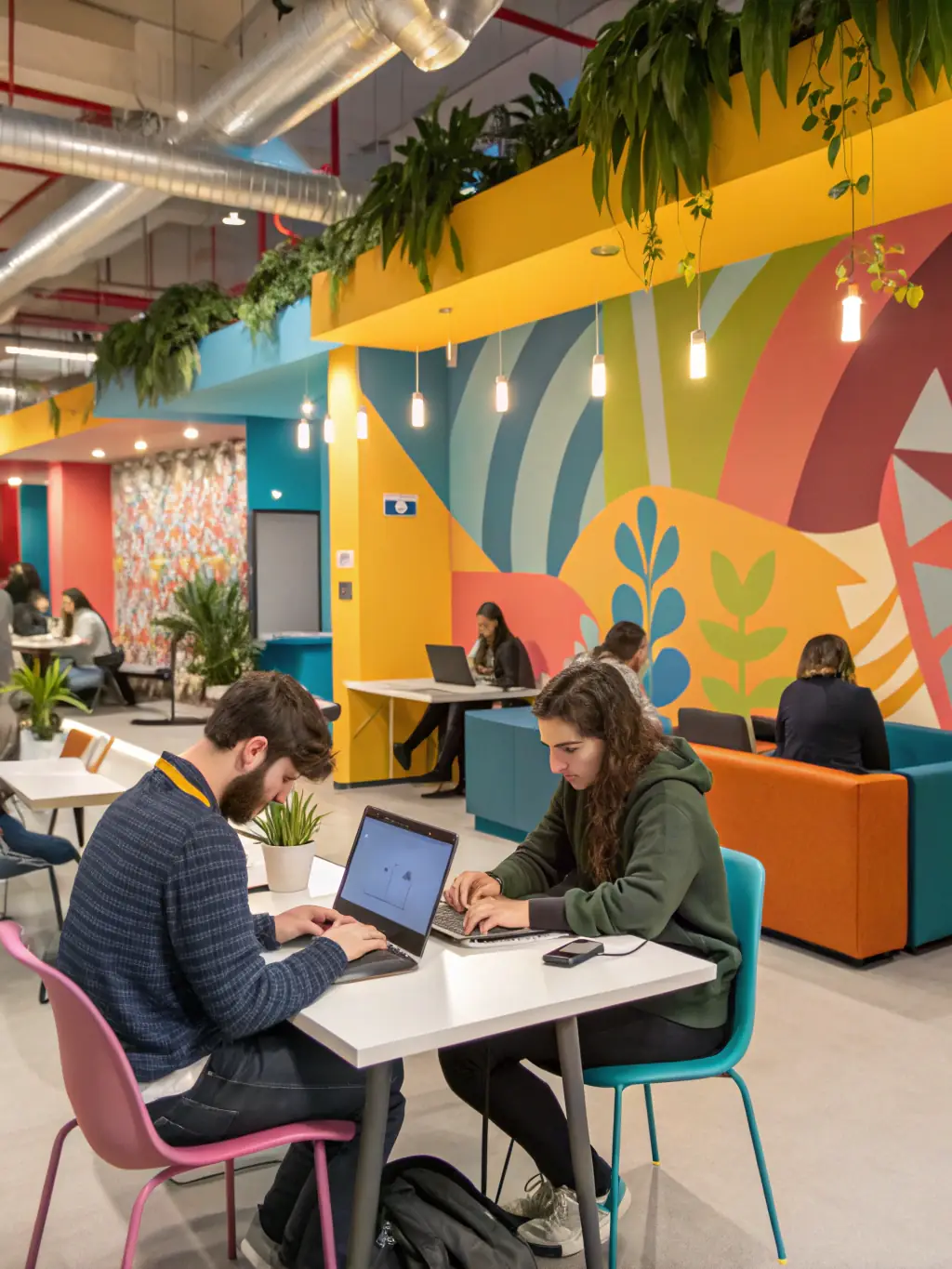 A vibrant coworking space marketing plan template displayed on a tablet, showcasing various marketing strategies and campaign ideas.