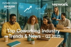 Diverse professionals working in a bright, modern coworking space with a digital U.S. growth map overlay highlighting Silicon Valley, Manhattan, Chicago, and Pittsburgh. Includes subtle Amazon and WeWork branding.